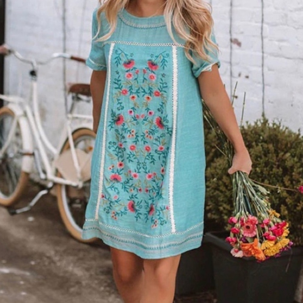 Umgee Floral Embroidered Short Sleeve Mini Dress Cottagecore